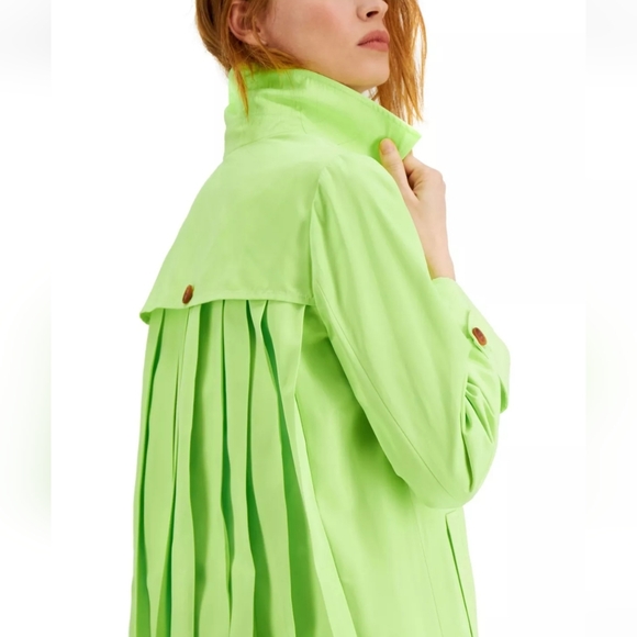 ALFANI Womens Retro Trench Coat Lime Peel Green Pleated Buttons Size Large - Picture 3 of 8